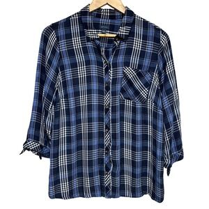 J Jill Denim Plaid 3/4 Sleeve Button Down Shirt Top Womens M Blue Lightweight